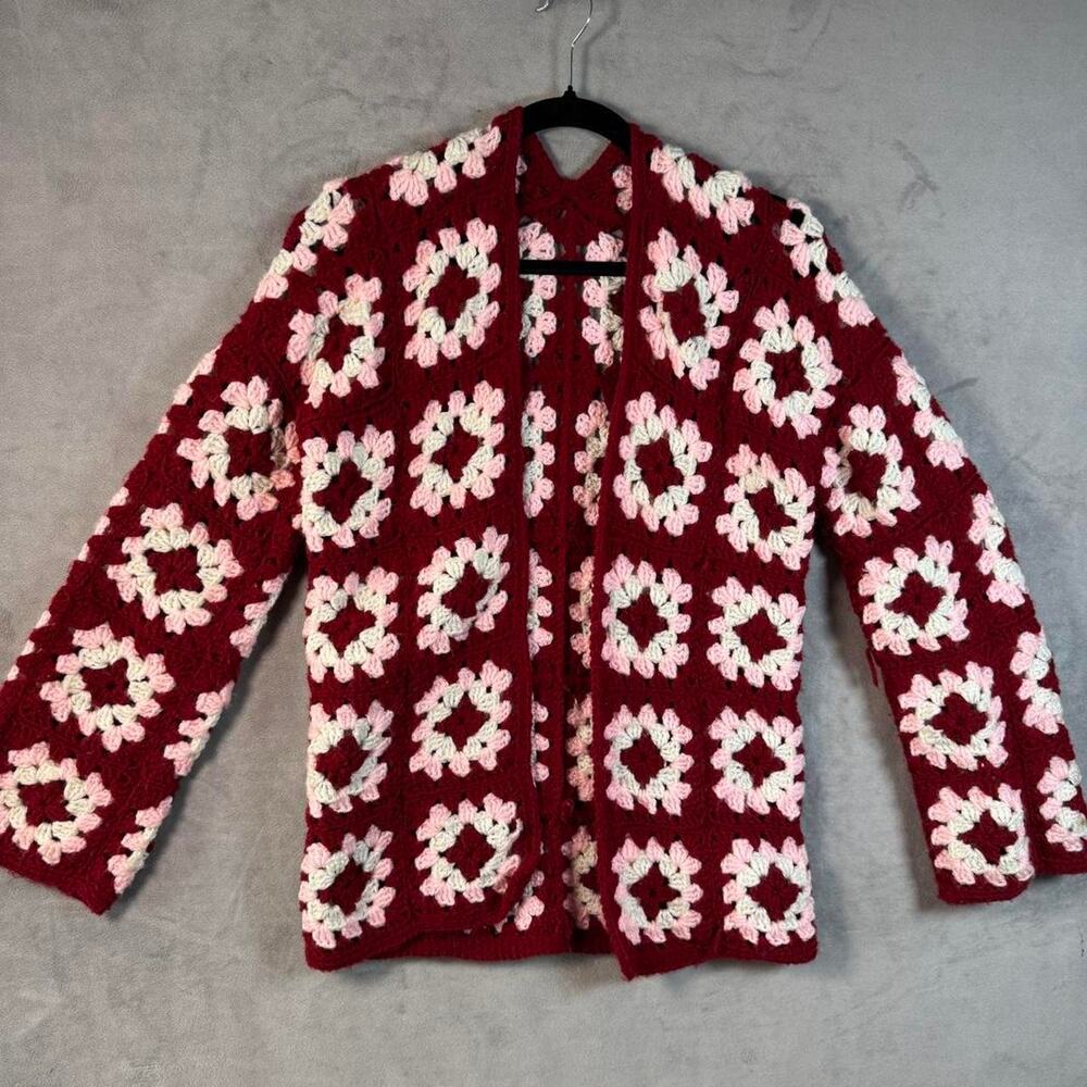 Grannycore Crochet burgundy pink cardigan Handmade